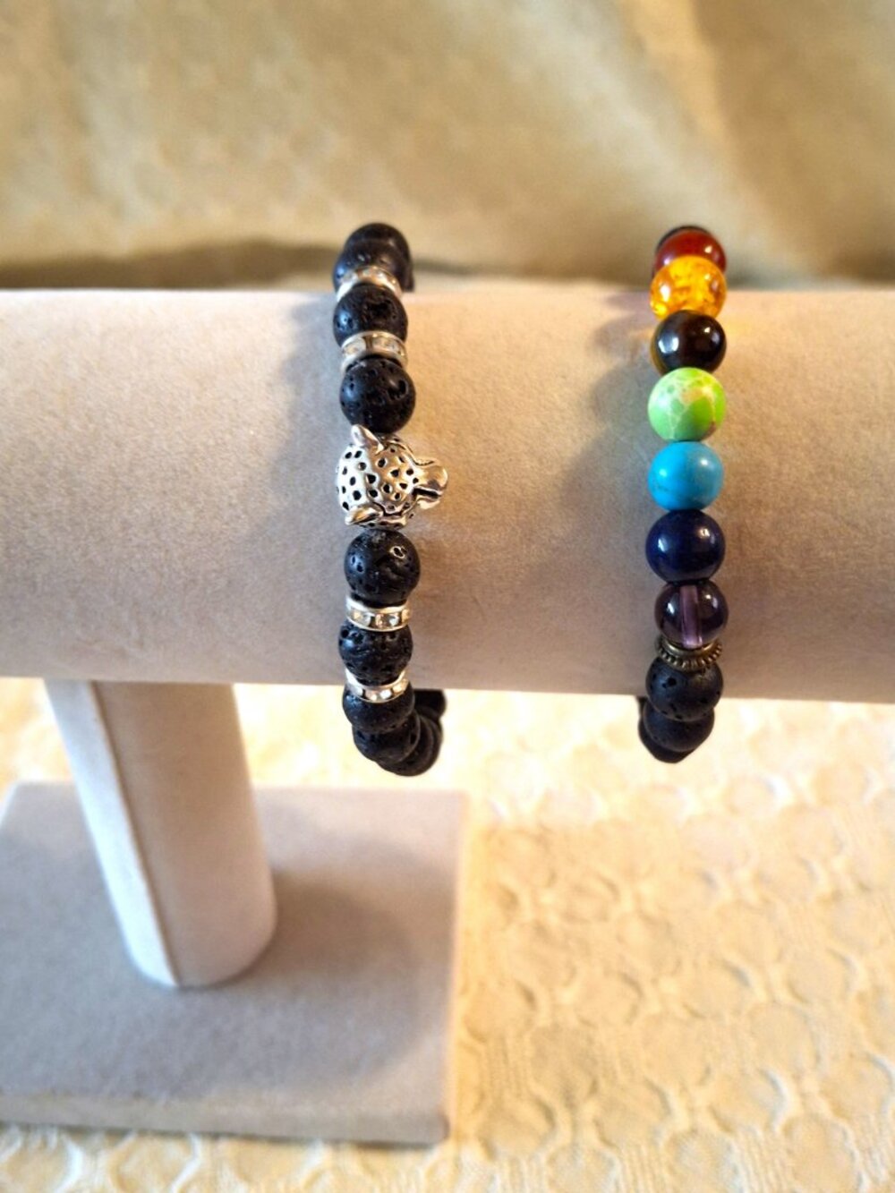 Set of Two Stretch Black Lava Stone Beaded Bracelets Stackable Gemstones
